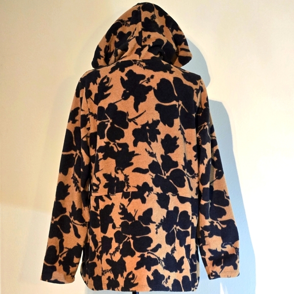 Floral Hibiscus Camo Hooded Full Zip Fleece Jacket Black & Camel Size Large - Picture 2 of 11